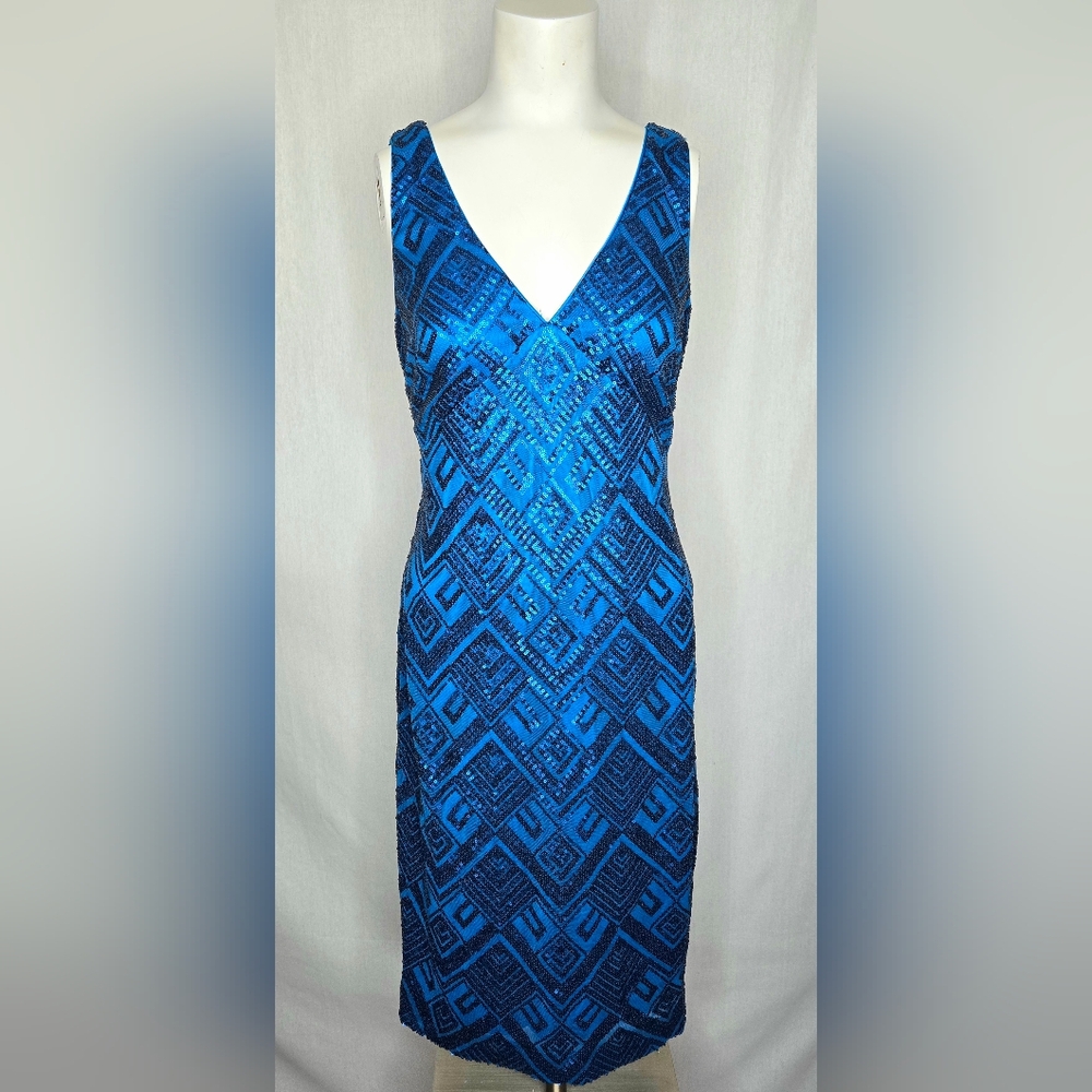 Vince Camuto Sequin Geometric Art Deco Formal Dress Blue 8 NWOT